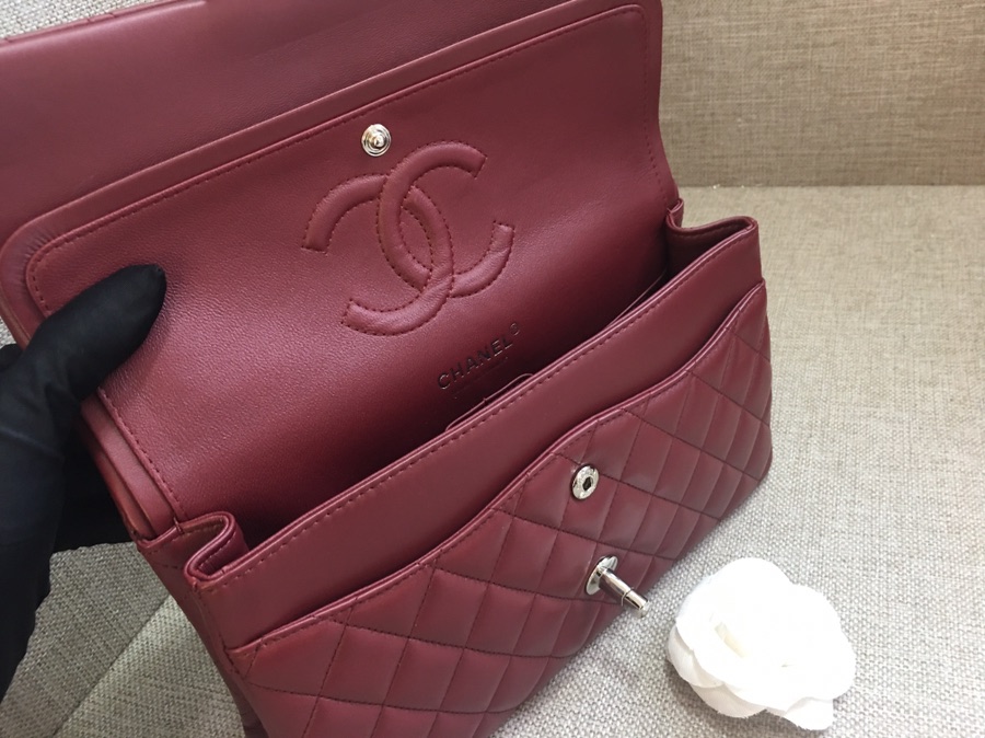 Medium Classic Flap Lambskin Bag AO1112 Dark Red/Silver